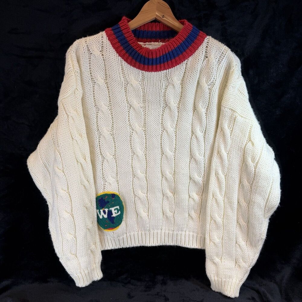 Lord & Taylor Sweater WE Earth Tennis Cricket White Red Blue Vintage Cable Knit